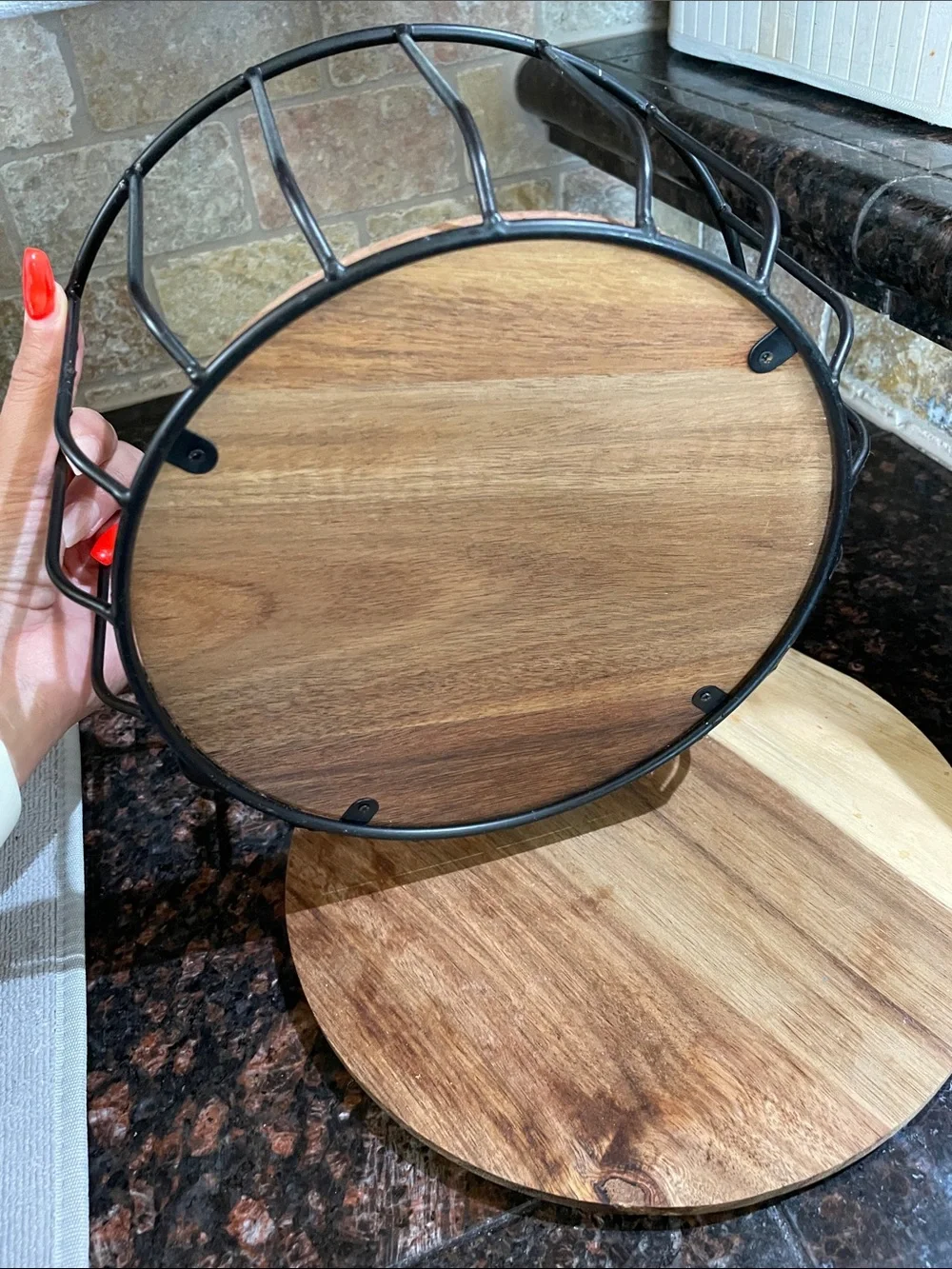 Hobby Lobby Black Metal and Natural Wood Two-Tier Stand